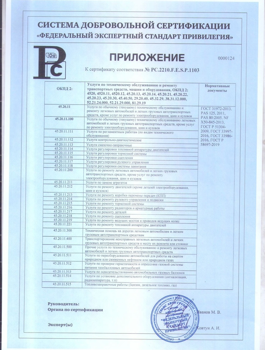 Приложение № 1 к сертификату на ремонт рефов