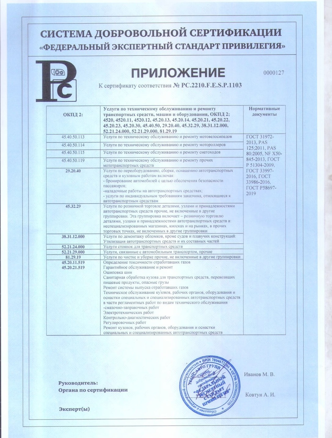 Приложение № 4 к сертификату на ремонт рефов